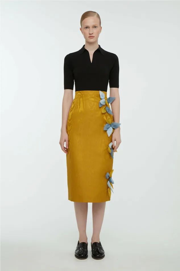 Women Emilia Wickstead Lorinda Embroidered Skirt in Ochre Moire Mikado Skirts