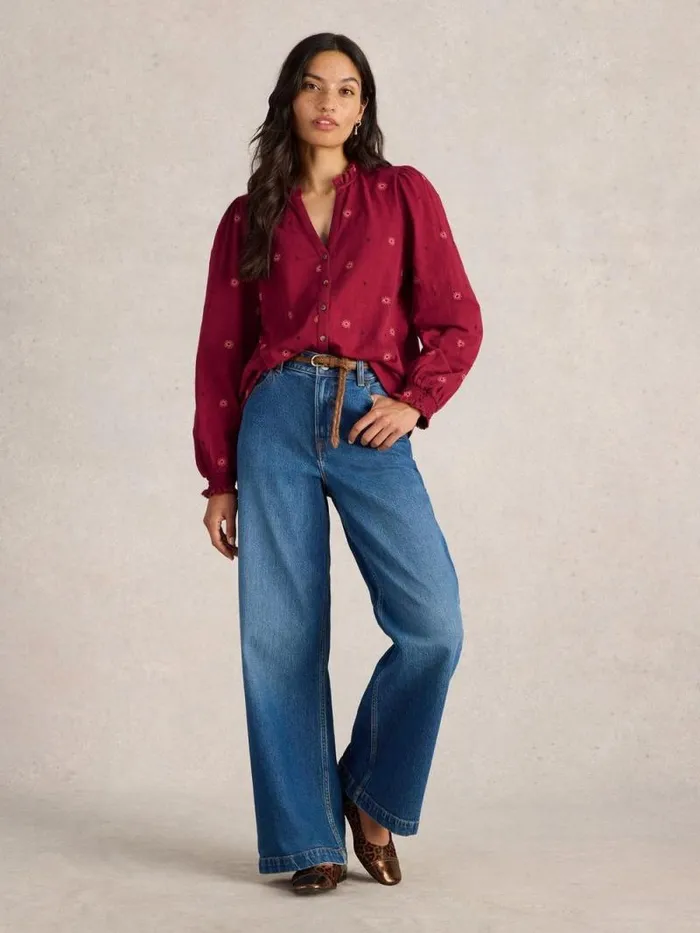 Women EVIE EMBROIDERY JERSEY SHIRT Dark Claret White Stuff Shirts and Blouses