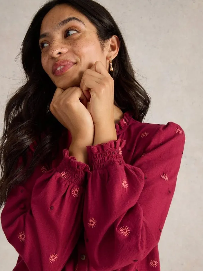 Women EVIE EMBROIDERY JERSEY SHIRT Dark Claret White Stuff Shirts and Blouses Women EVIE EMBROIDERY JERSEY SHIRT Dark Claret White Stuff Shirts and Blouses