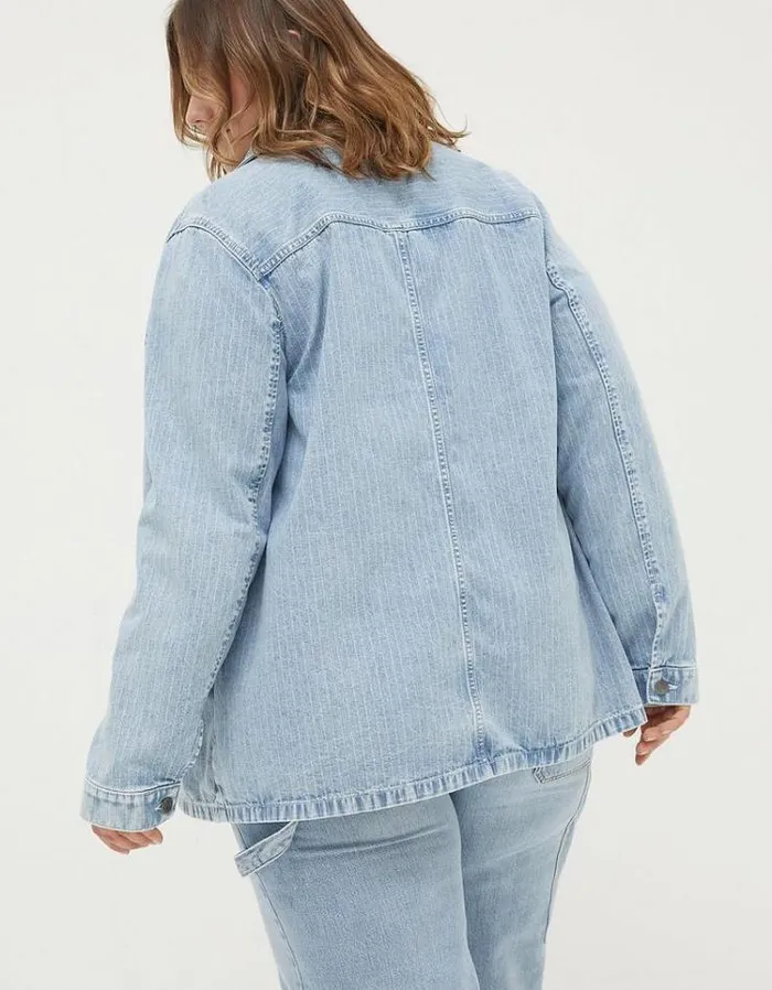 Women FatFace Coats and Jackets Eden Stripe Denim Worker Jacket Light Denim Blue