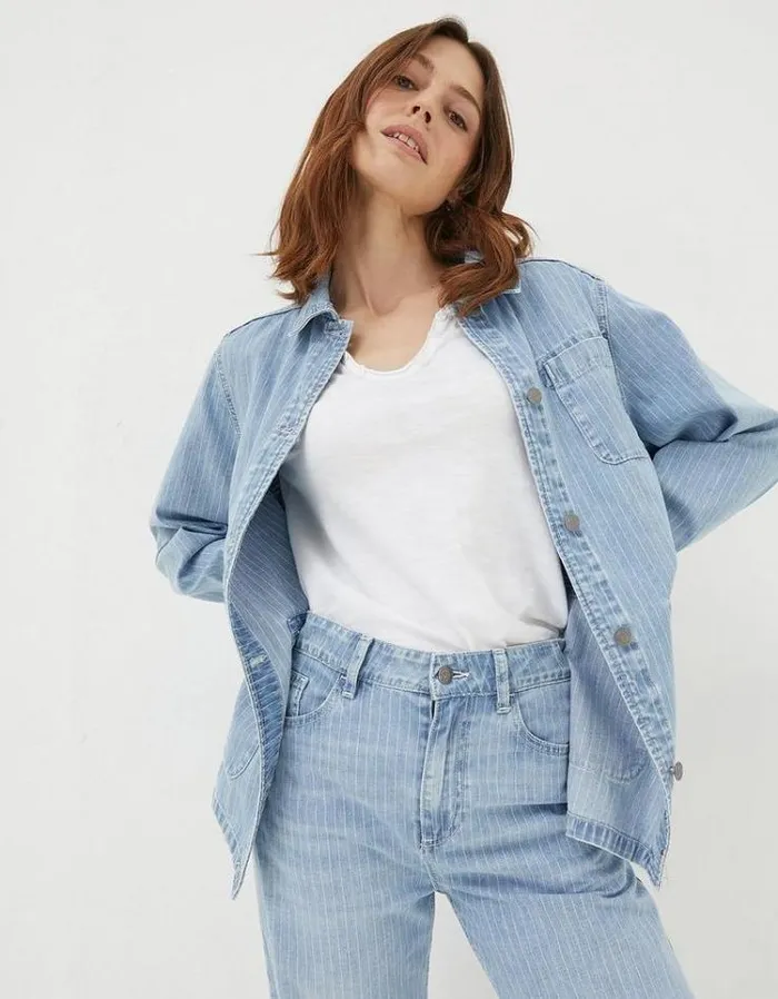 Women FatFace Coats and Jackets Eden Stripe Denim Worker Jacket Light Denim Blue