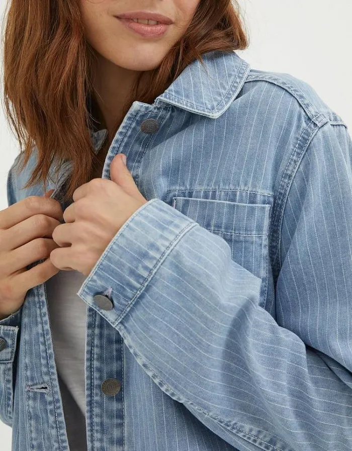 Women FatFace Coats and Jackets Eden Stripe Denim Worker Jacket Light Denim Blue