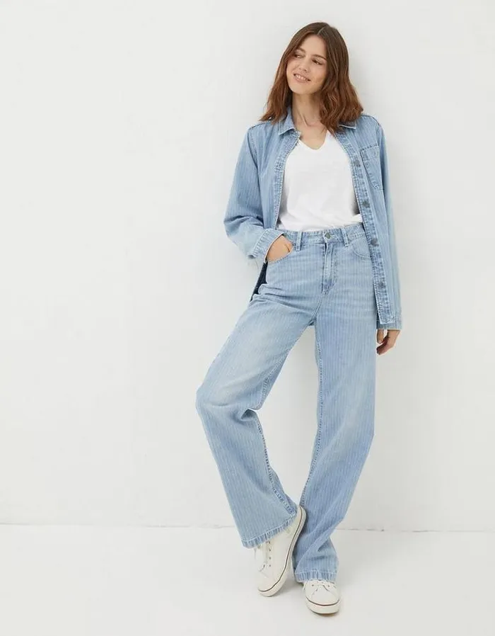 Women FatFace Coats and Jackets Eden Stripe Denim Worker Jacket Light Denim Blue