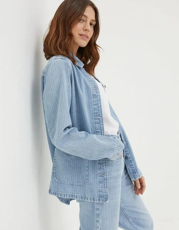 Women FatFace Coats and Jackets Eden Stripe Denim Worker Jacket Light Denim Blue