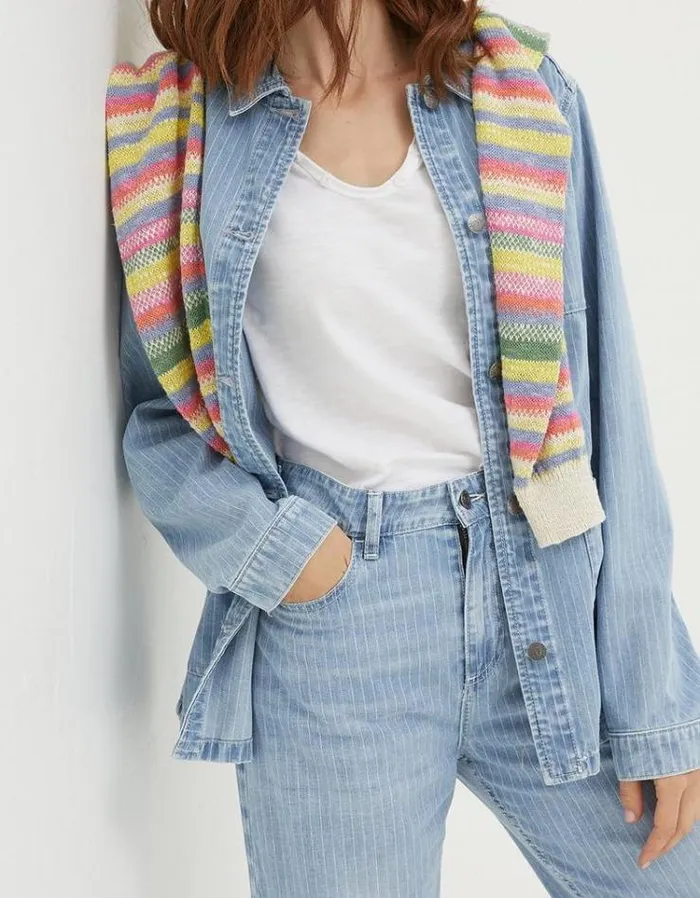 Women FatFace Coats and Jackets Eden Stripe Denim Worker Jacket Light Denim Blue