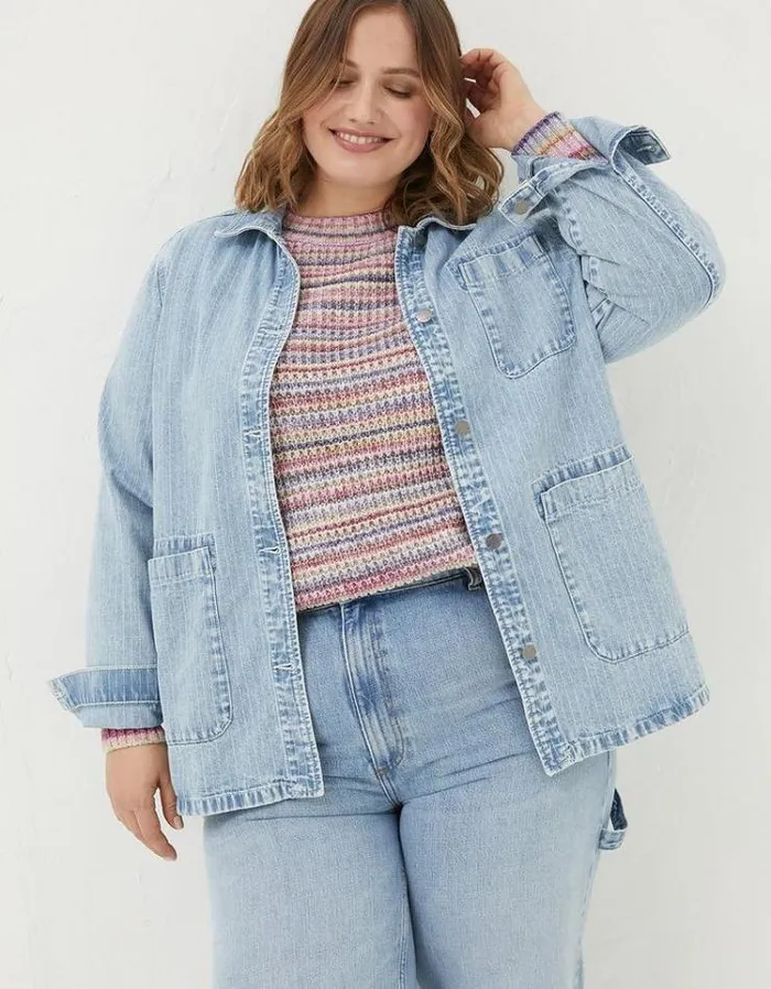 Women FatFace Coats and Jackets Eden Stripe Denim Worker Jacket Light Denim Blue