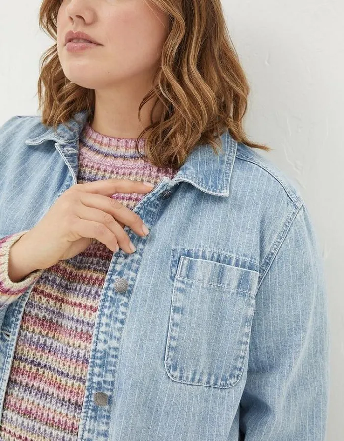 Women FatFace Coats and Jackets Eden Stripe Denim Worker Jacket Light Denim Blue