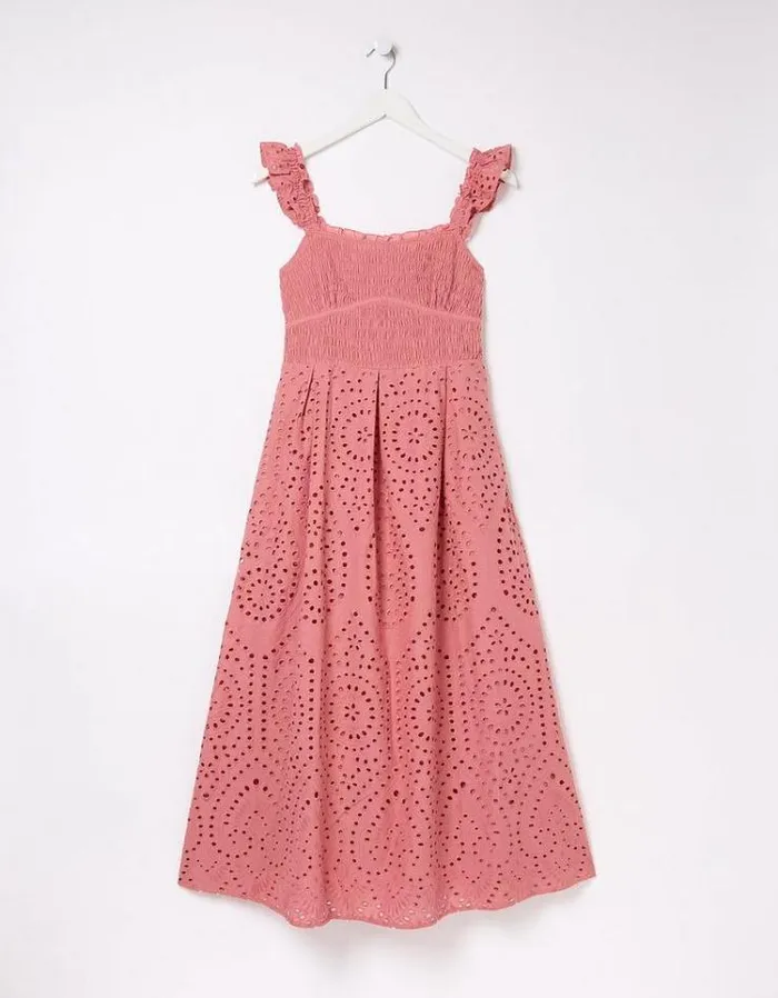 Women FatFace Copper and Black FatFace All Dressed Up Kadiri Shirred Midi Dress Rose Pink
