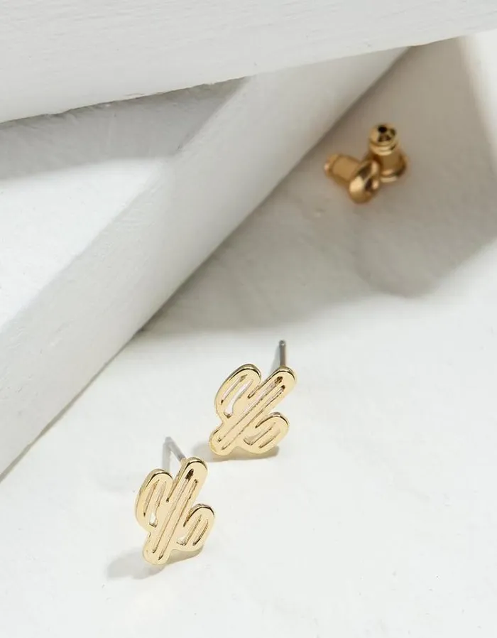 Women FatFace Jewelry Cactus Stud Earrings Gold