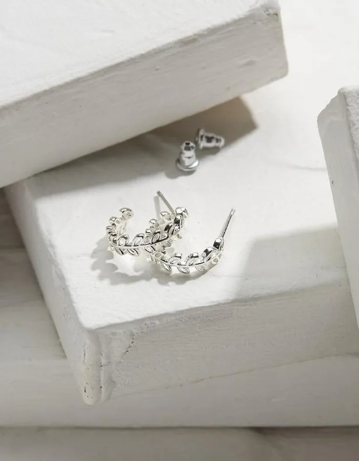 Women FatFace Jewelry Leaf Huggy Hoops Silver