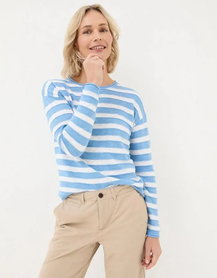 Women FatFace Linen Edit Isabelle Cotton Linen Stripe Chambray Blue