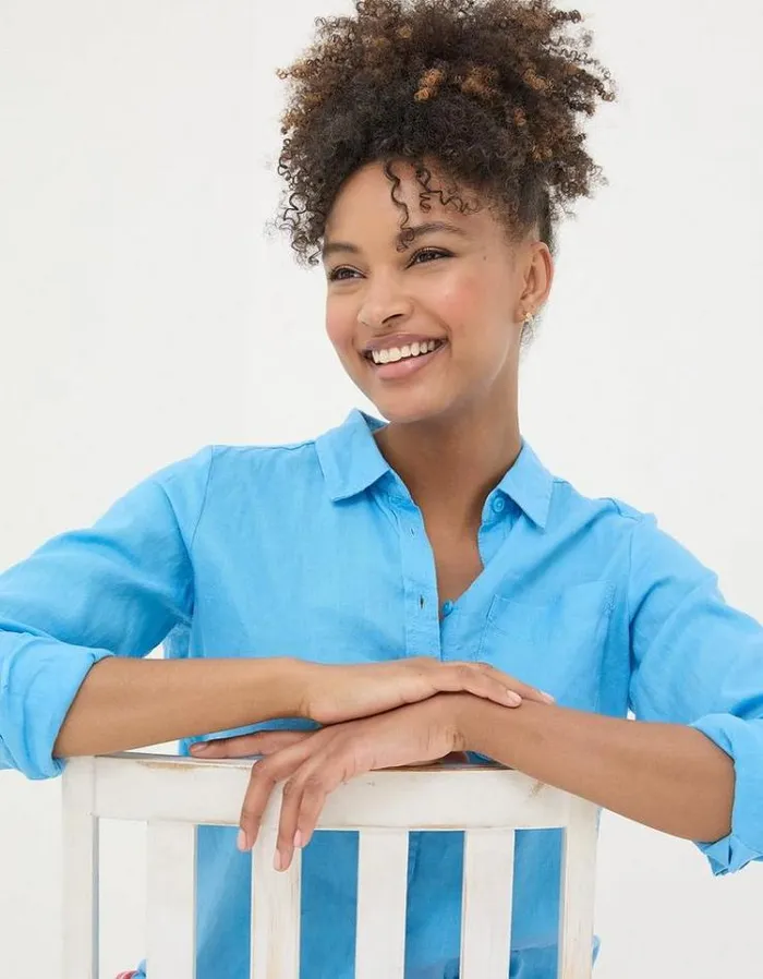 Women FatFace Linen Edit Olivia Linen Shirt Bright Blue