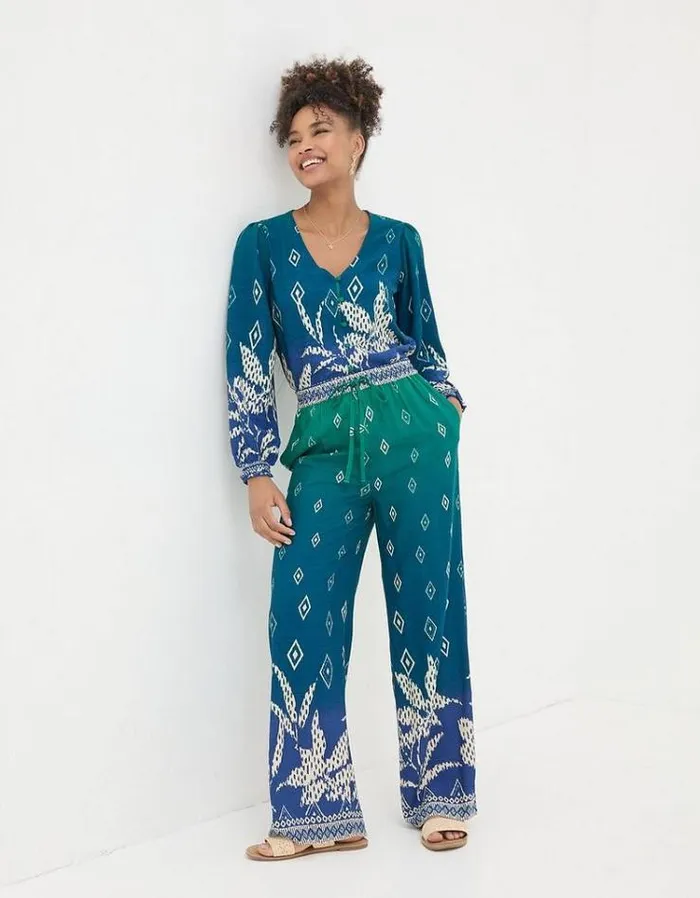 Women FatFace Pants and Leggings Harper Ombra Leaves Wide Leg Pants Navy