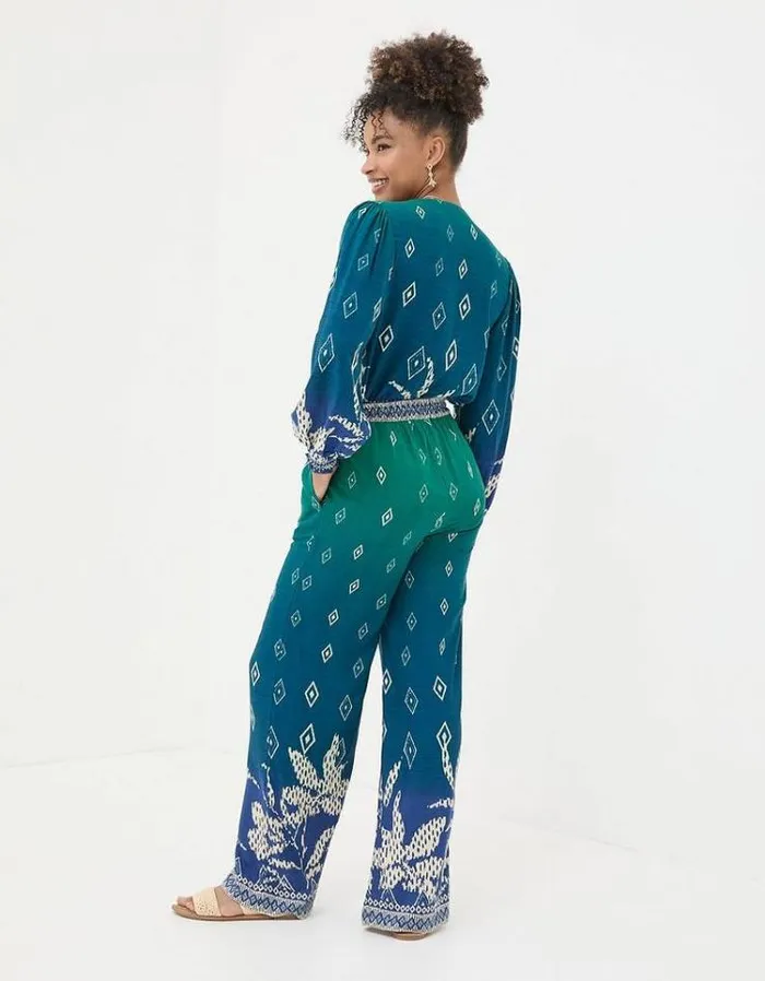 Women FatFace Pants and Leggings Harper Ombra Leaves Wide Leg Pants Navy