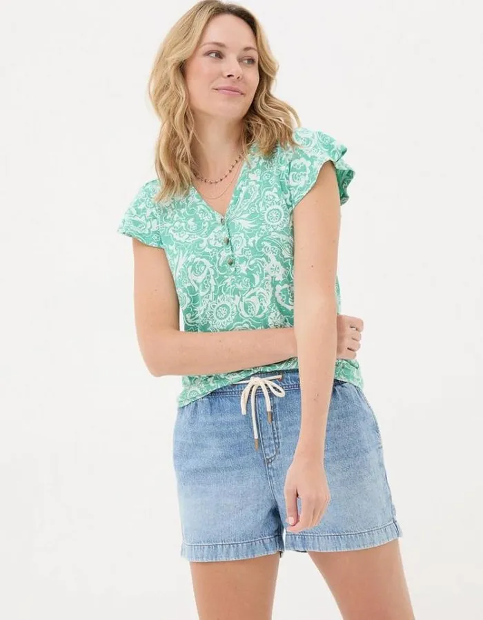 Women FatFace Tops and TShirts Henley Frill Patch Paisley Top Teal Blue