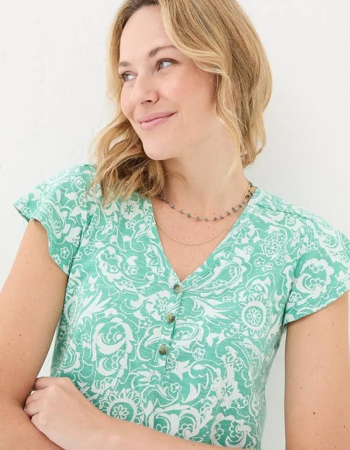 Women FatFace Tops and TShirts Henley Frill Patch Paisley Top Teal Blue
