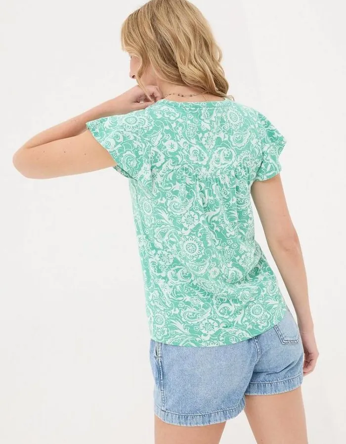 Women FatFace Tops and TShirts Henley Frill Patch Paisley Top Teal Blue