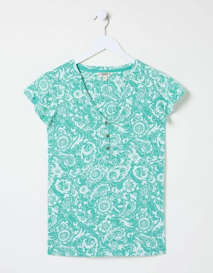 Women FatFace Tops and TShirts Henley Frill Patch Paisley Top Teal Blue