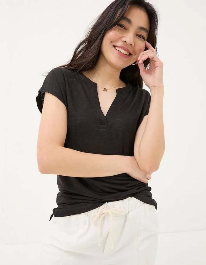 Women FatFace Tops and TShirts Linen Notch Neck TShirt Black