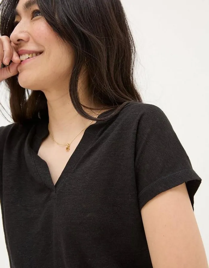 Women FatFace Tops and TShirts Linen Notch Neck TShirt Black