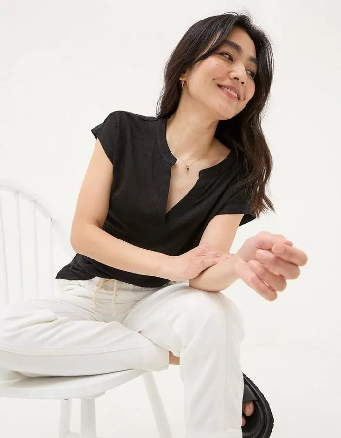 Women FatFace Tops and TShirts Linen Notch Neck TShirt Black