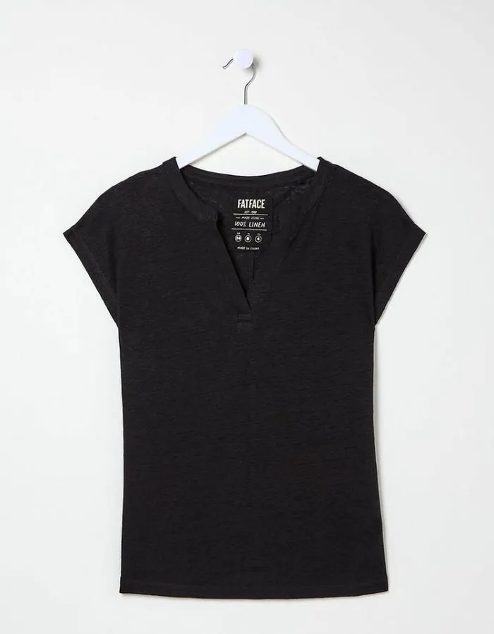 Women FatFace Tops and TShirts Linen Notch Neck TShirt Black