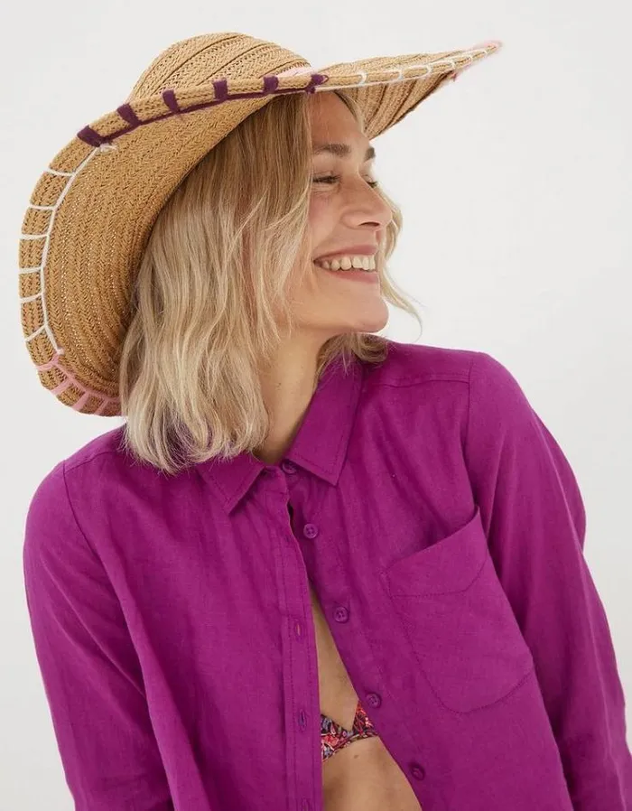Women FatFace Vacation Shop Stitch Detail Straw Sun Hat Natural