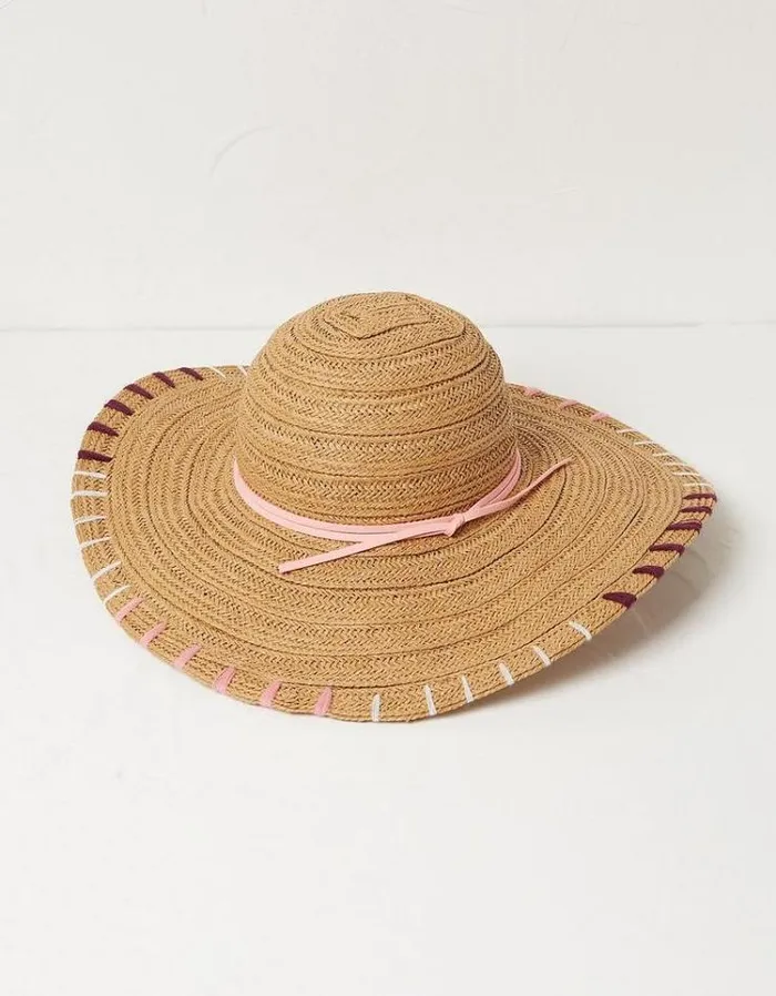 Women FatFace Vacation Shop Stitch Detail Straw Sun Hat Natural