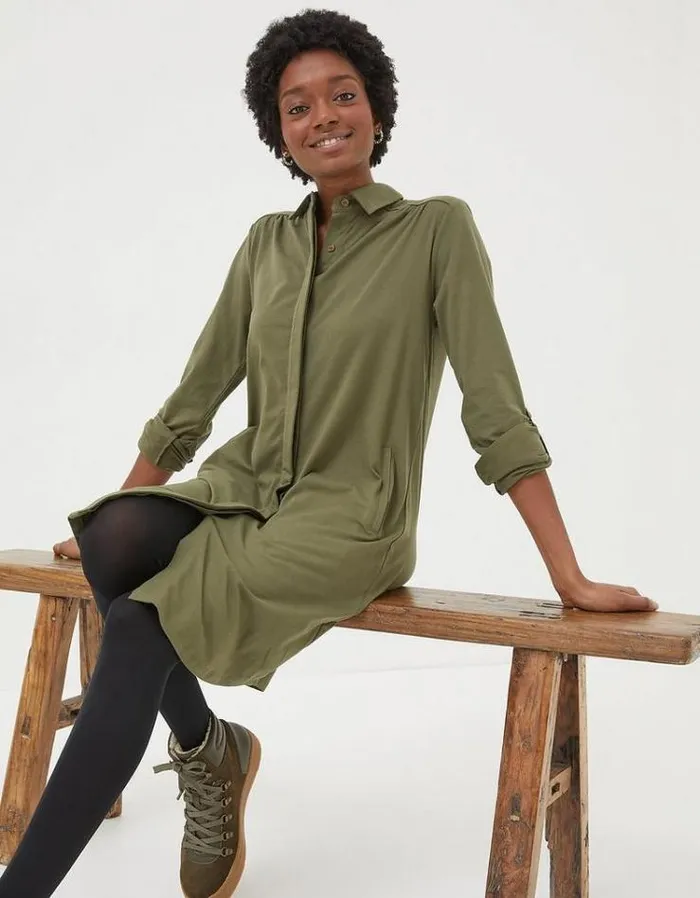 Women FatFace Women039s Sale Chester Jersey Shirt Dress Khaki Green