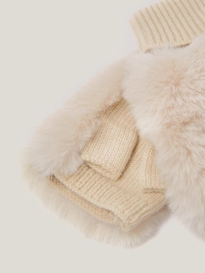 Women Faux Fur Mittens Cream Jigsaw Hats and Gloves