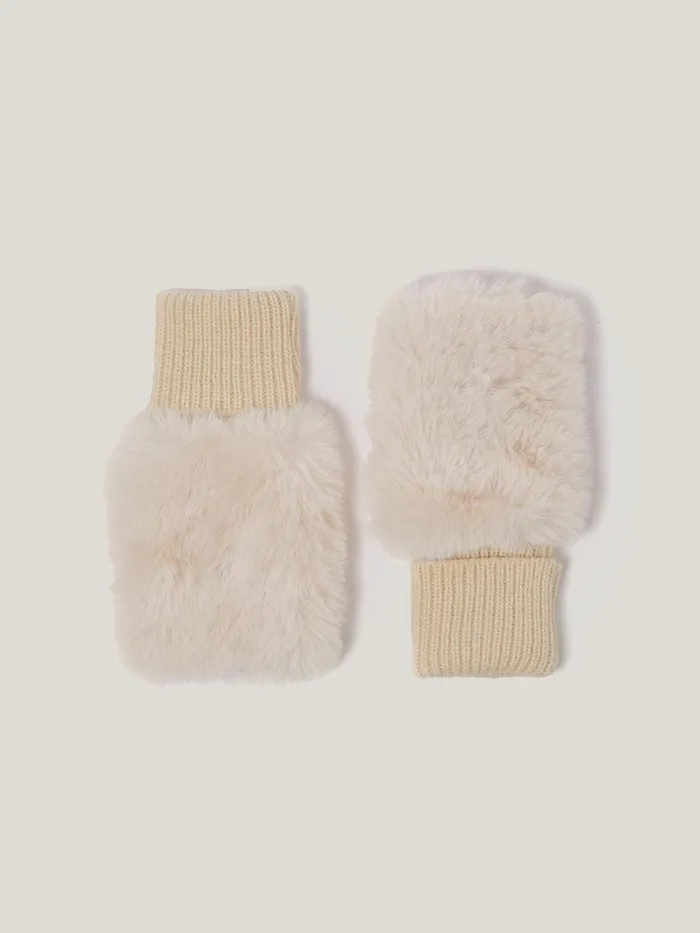 Women Faux Fur Mittens Cream Jigsaw Hats and Gloves