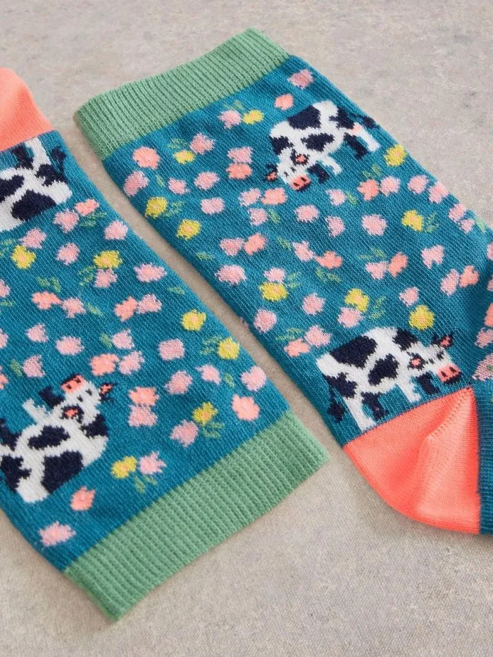 Women Floral Cow Ankle Sock Teal Multi White Stuff Socks