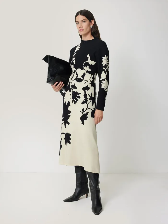 Women Floral Jacquard Knitted Dress Monochrome Jigsaw Coords