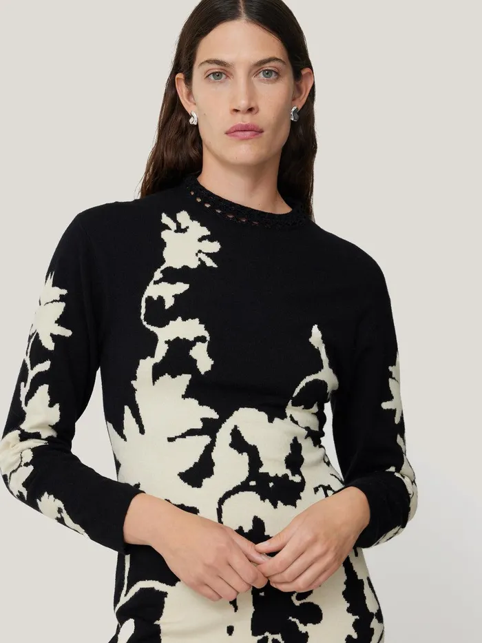 Women Floral Jacquard Knitted Dress Monochrome Jigsaw Coords