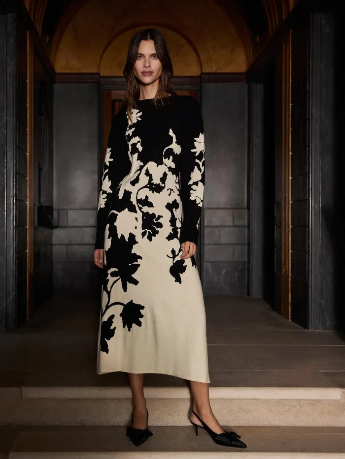 Women Floral Jacquard Knitted Dress Monochrome Jigsaw Dresses and Jumpsuits