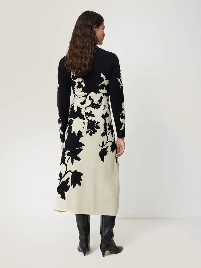 Women Floral Jacquard Knitted Dress Monochrome Jigsaw Dresses and Jumpsuits