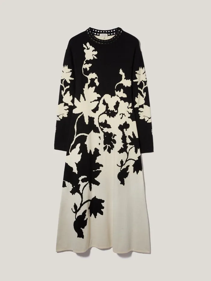 Women Floral Jacquard Knitted Dress Monochrome Jigsaw Dresses and Jumpsuits
