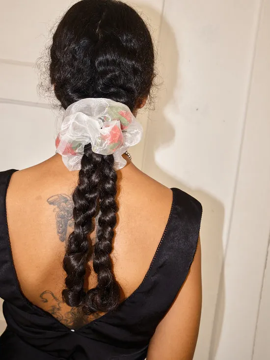 Women Flower Filled Mini Scrunchie Red White Hair Accessories Lisa Says Gah