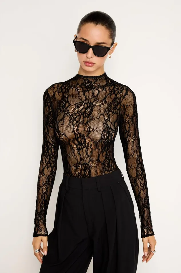 Women GOOD AMERICAN Bodysuits LACE MOCK NECKBODYSUIT Black001