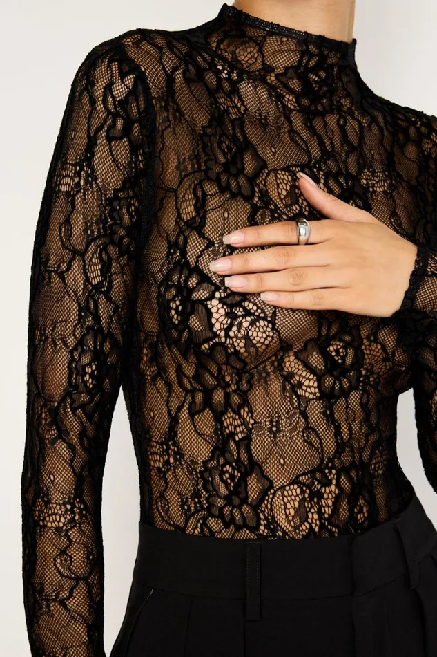 Women GOOD AMERICAN Bodysuits LACE MOCK NECKBODYSUIT Black001