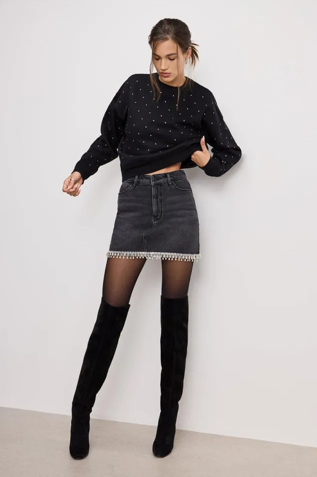 Women GOOD AMERICAN Shorts and Skirts DENIM CRYSTAL TRIMSKIRT Black376