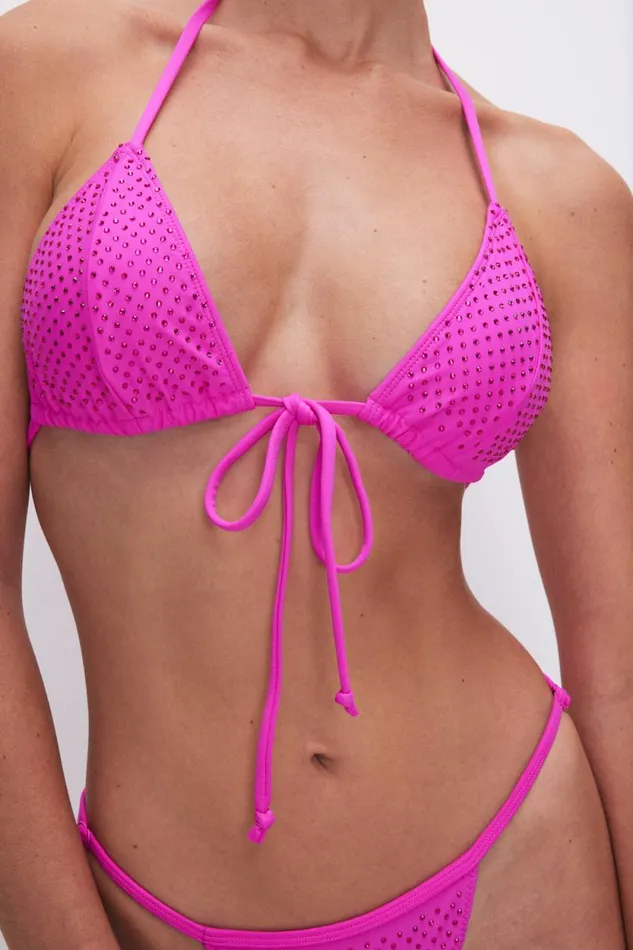 Women GOOD AMERICAN Swim TINY TIES CRYSTAL BIKINITOP Pink Glow002