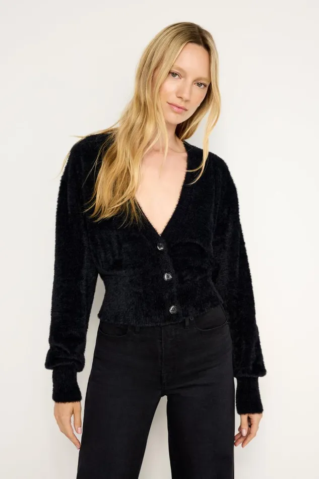 Women GOOD AMERICAN Tops FUZZYCARDIGAN Black001