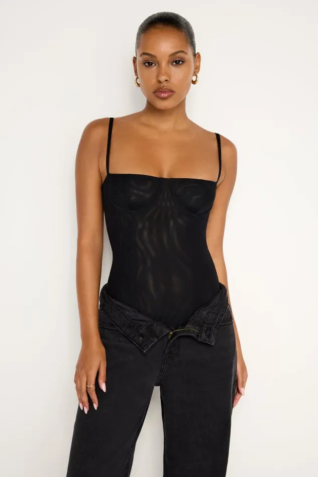 Women GOOD AMERICAN Tops MESH BUSTIERBODYSUIT Black001