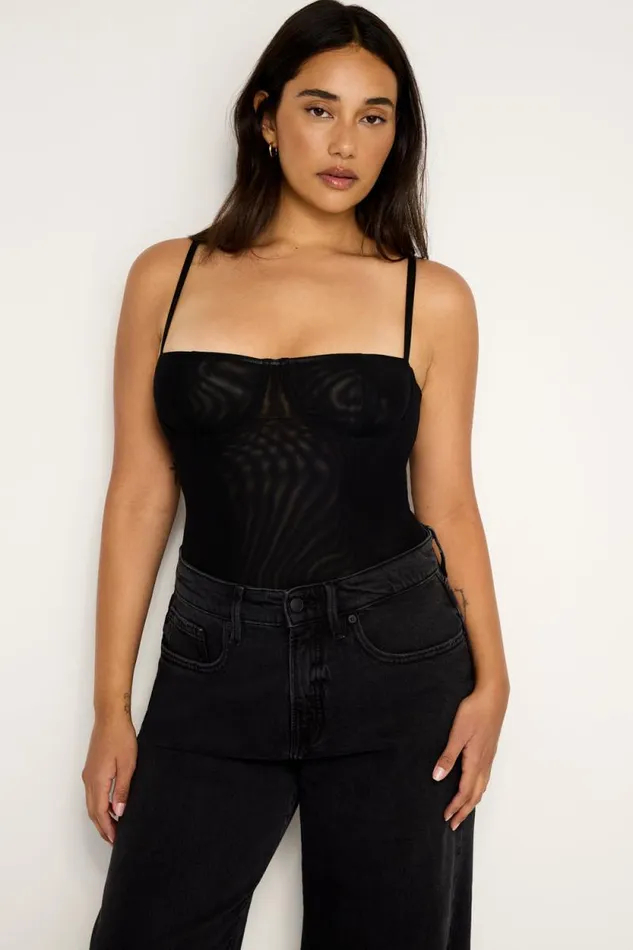 Women GOOD AMERICAN Tops MESH BUSTIERBODYSUIT Black001