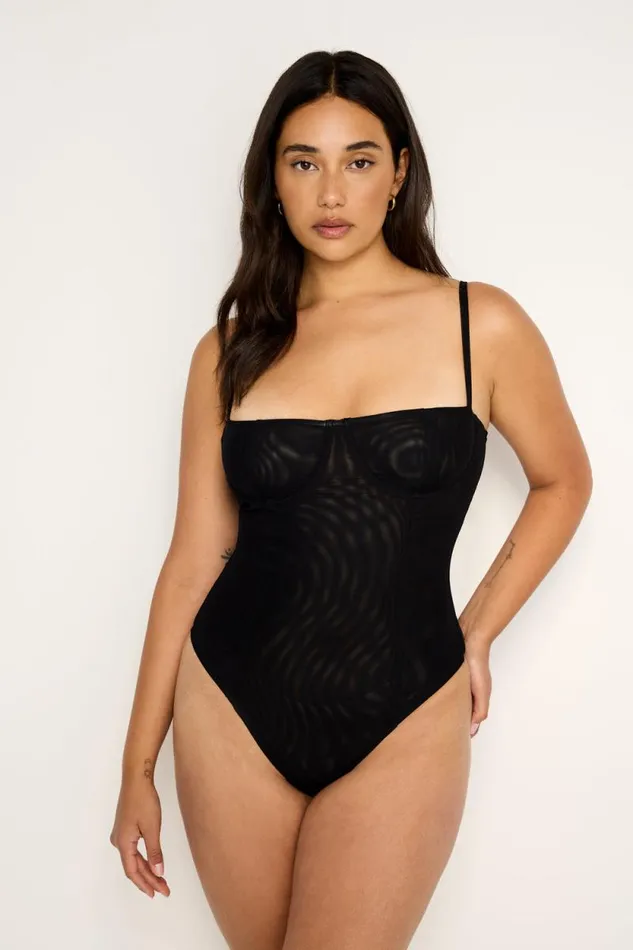 Women GOOD AMERICAN Tops MESH BUSTIERBODYSUIT Black001