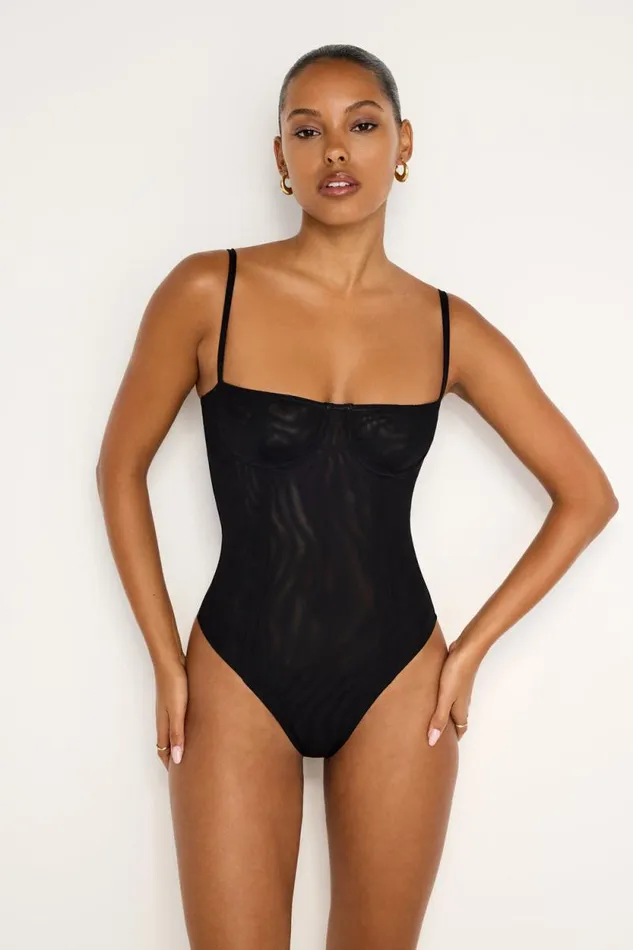 Women GOOD AMERICAN Tops MESH BUSTIERBODYSUIT Black001