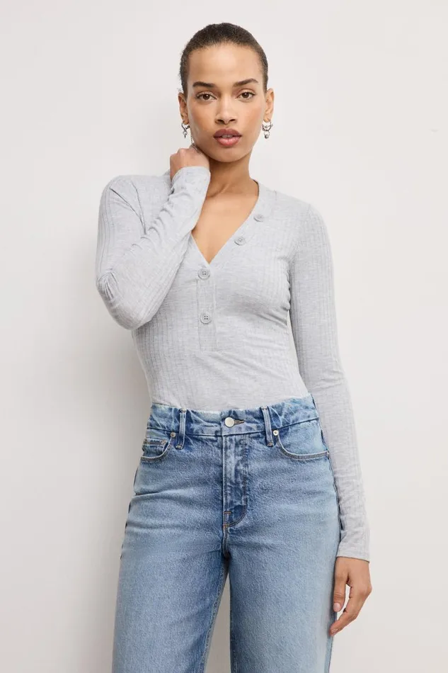 Women GOOD AMERICAN Tops RIBBED HENLEYBODYSUIT Heather Grey001