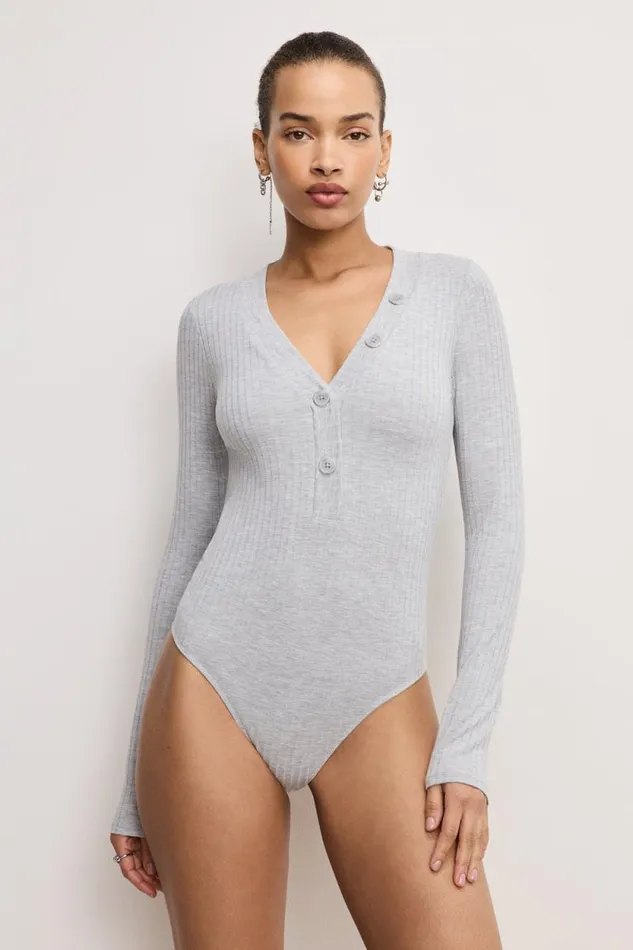 Women GOOD AMERICAN Tops RIBBED HENLEYBODYSUIT Heather Grey001 Women GOOD AMERICAN Tops RIBBED HENLEYBODYSUIT Heather Grey001