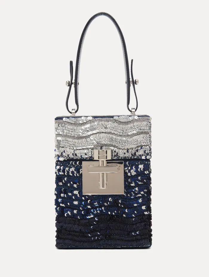 Women Handbags Oscar De La Renta Ombr Sequin Alibi Top Handle Bag Silver and Blue